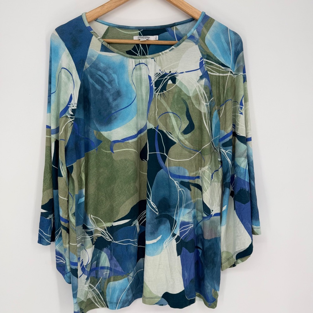 Chicos Top Abstract Floral Print Blue Green 3/4 Sleeve‎ Size XL Art To Wear